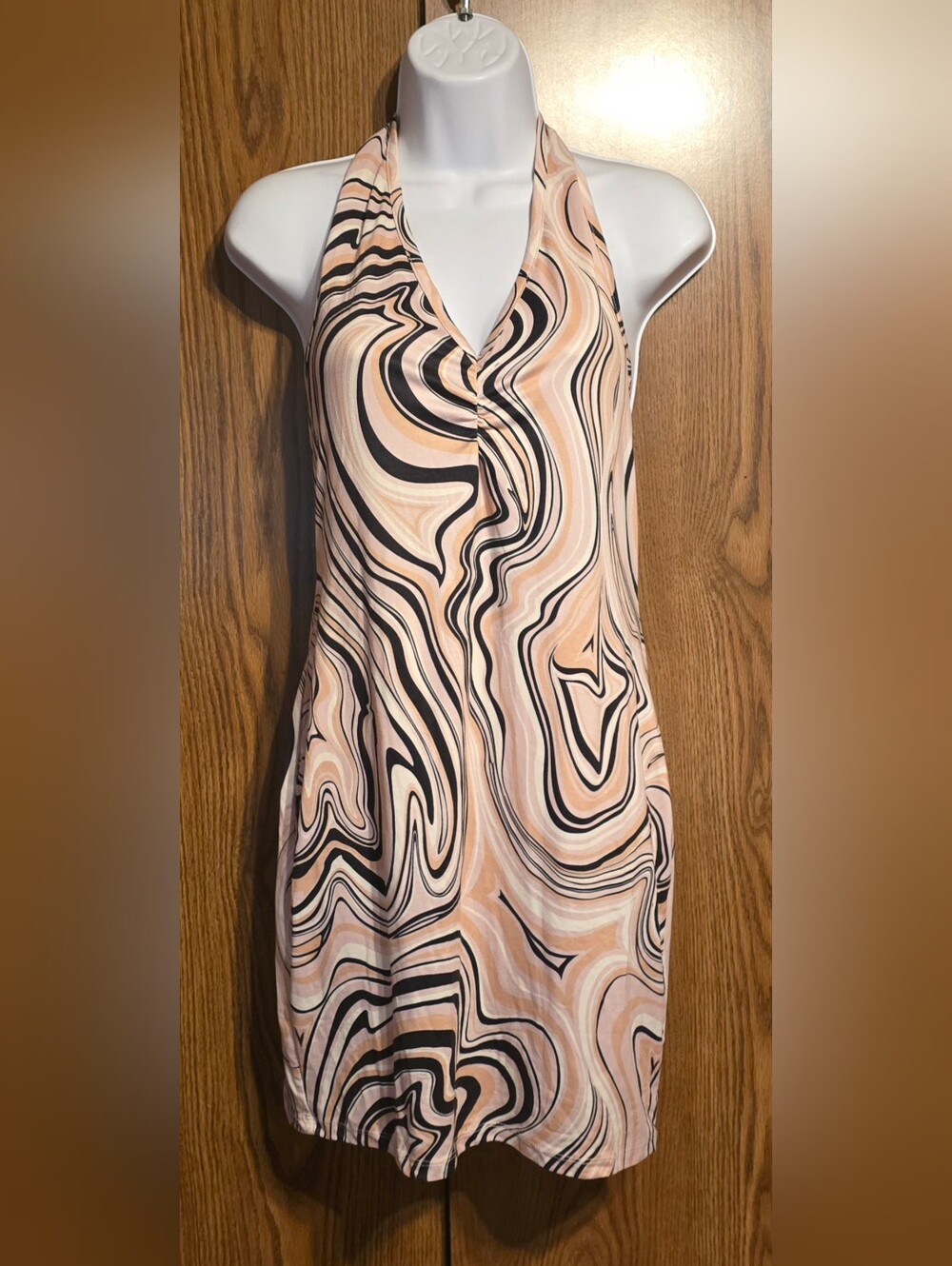 J for Justify Peach & Black Halter Backless Swirl-Print Dress
